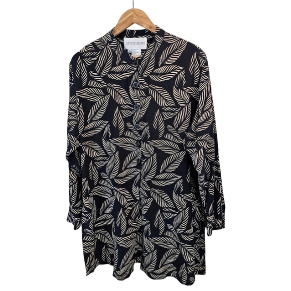 Jeannene Booher Silk Leaf Print Shirt Womens Sz 14 Black Button Up Split Hem - Picture 2 of 12